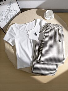 Teen Girls Summer Embroidered Round Neck White Short Sleeve T-Shirt And Striped Print Wide Leg Pants Set Summer Outfits Striped Shirts - Black and White - View 7