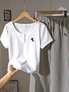 Teen Girls Summer Embroidered Round Neck White Short Sleeve T-Shirt And Striped Print Wide Leg Pants Set Summer Outfits Striped Shirts - Black and White - View 5