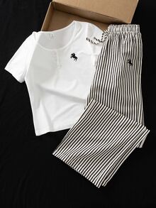 Teen Girls Summer Embroidered Round Neck White Short Sleeve T-Shirt And Striped Print Wide Leg Pants Set Summer Outfits Striped Shirts - Black and White - View 6