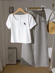 Teen Girls Summer Embroidered Round Neck White Short Sleeve T-Shirt And Striped Print Wide Leg Pants Set Summer Outfits Striped Shirts - Black and White - View 8