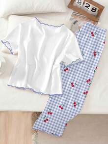 Teen Girls Pajamas New Hot-Selling Bow, Cherry, Letter, Bear Combination Print Contrast Trim Knit Short Sleeve All-Over Print Long Pants - Multicolor - View 3