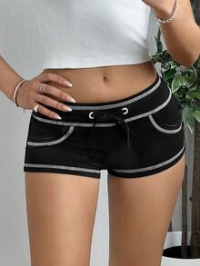 SHEIN EZwear Women Drawstring Stitching Outside Super Short Shorts - Black - View 4