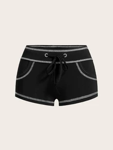 SHEIN EZwear Women Drawstring Stitching Outside Super Short Shorts - Black - View 5