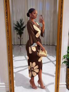 SHEIN Lady Elegant Vintage Romantic Floral Print Plus Size Dress, Party - Multicolor - View 2