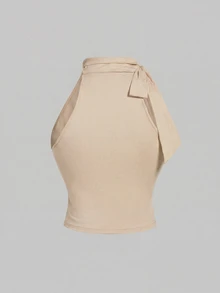 SHEIN MOD 大尺碼立領蝴蝶結綁帶抓皺杏色上衣 - 卡其色 - 查看 2