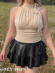 SHEIN MOD 大尺碼立領蝴蝶結綁帶抓皺杏色上衣 - 卡其色 - 查看 6