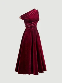 SHEIN MOD 酒紅色不對稱單肩天鵝絨中長洋裝，女款秋季優雅浪漫復古成熟風，奢華晚宴約會雞尾酒會花園派對晚餐裙 - 酒紅色 - 查看 7