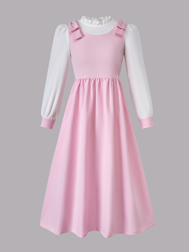 SHEIN Tween Girl Bow Decor Long Sleeve Dress, School Uniform/Church Dress, Back To School - Pink - View 8