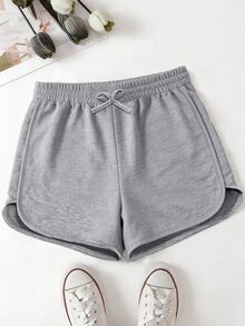 SHEIN Sparklyn Tween Girl Drawstring Waist Casual Versatile Daily Shorts,34%Cotton,High Waist Ribbed Bow Decor Knitted Grey Shorts,Cute,1 Random Piece,Autumn Outfit - Grey - View 3