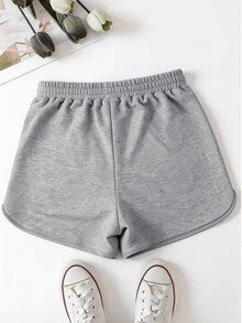 SHEIN Sparklyn Tween Girl Drawstring Waist Casual Versatile Daily Shorts,34%Cotton,High Waist Ribbed Bow Decor Knitted Grey Shorts,Cute,1 Random Piece,Autumn Outfit - Grey - View 2