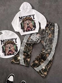 Coolqubz 2pcs/Set Men's Teen Street Style Printed All-Over Print Hoodie Pullover & Straight Leg Pants Sweatshirt Set, Loose Fit, Comfortable, Practical, Versatile, Suitable For Autumn, Spring, Winter, Daily Wear, Commuting, Outdoor Activities, Sports, School, Streetwear, Parties And Photos - Multicolor - View 1