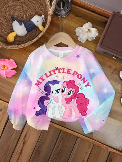My Little Pony X SHEIN Tween Girl Letter Cartoon Print Long Sleeve Casual Sweatshirt