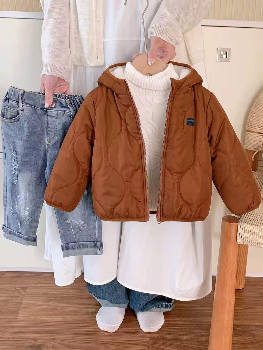 SHEIN Baby Boy 1pc Zip Up Hooded Puffer Winter Coat - Brown - View 1
