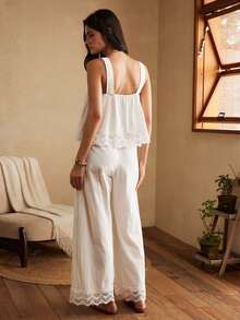 Lullawish Bohemian 100% Cotton Embroidered Lace Camisole & Long Pants Women's Pajama Set - White - View 2