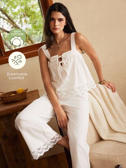 Lullawish Bohemian 100% Cotton Embroidered Lace Camisole & Long Pants Women's Pajama Set