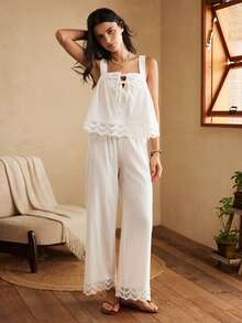 Lullawish Bohemian 100% Cotton Embroidered Lace Camisole & Long Pants Women's Pajama Set - White - View 3