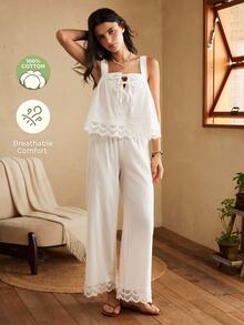 Lullawish Bohemian 100% Cotton Embroidered Lace Camisole & Long Pants Women's Pajama Set - White - View 8