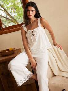 Lullawish Bohemian 100% Cotton Embroidered Lace Camisole & Long Pants Women's Pajama Set - White - View 7