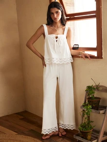 Lullawish Bohemian 100% Cotton Embroidered Lace Camisole & Long Pants Women's Pajama Set - White - View 5