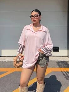 Muchica Plus Size Korean Style Striped Patchwork Sleeve Button Half-Placket T-Shirt Fall - Pink - View 7