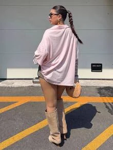 Muchica Plus Size Korean Style Striped Patchwork Sleeve Button Half-Placket T-Shirt Fall - Pink - View 2