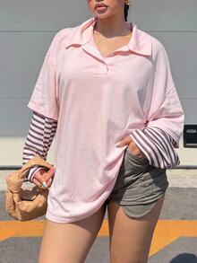 Muchica Plus Size Korean Style Striped Patchwork Sleeve Button Half-Placket T-Shirt Fall - Pink - View 1