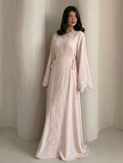 Yasveil Damen Frühling/Sommer rosa gewebtes Kleid mit langen Ärmeln, Spitzeneinsatz, Bindegürtel, A-Linie, elegant, romantisch, arabischer Stil