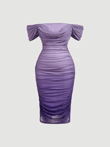 SHEIN MOD Plus Size Pink Gradient Off-Shoulder Dress, Elegant Party Outfit, Best Friend Gathering, Wedding Season, Holiday Date - Violet Purple - View 5