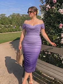 SHEIN MOD Plus Size Pink Gradient Off-Shoulder Dress, Elegant Party Outfit, Best Friend Gathering, Wedding Season, Holiday Date - Violet Purple - View 6