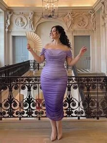 SHEIN MOD Plus Size Pink Gradient Off-Shoulder Dress, Elegant Party Outfit, Best Friend Gathering, Wedding Season, Holiday Date - Violet Purple - View 7