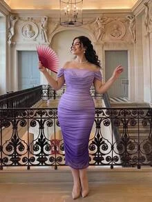 SHEIN MOD Plus Size Pink Gradient Off-Shoulder Dress, Elegant Party Outfit, Best Friend Gathering, Wedding Season, Holiday Date - Violet Purple - View 1