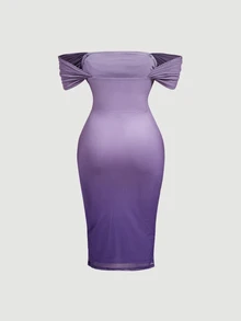 SHEIN MOD Plus Size Pink Gradient Off-Shoulder Dress, Elegant Party Outfit, Best Friend Gathering, Wedding Season, Holiday Date - Violet Purple - View 2