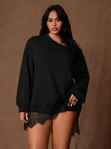 Rustia Plus Size Autumn/Winter Textured Knit Lace Trim Patchwork Asymmetric Shoulder Long Sleeve Loose T-Shirt Fall - Black - View 8