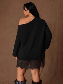 Rustia Plus Size Autumn/Winter Textured Knit Lace Trim Patchwork Asymmetric Shoulder Long Sleeve Loose T-Shirt Fall - Black - View 2