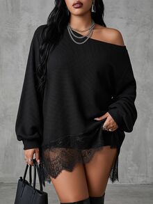 Rustia Plus Size Autumn/Winter Textured Knit Lace Trim Patchwork Asymmetric Shoulder Long Sleeve Loose T-Shirt Fall - Black - View 1