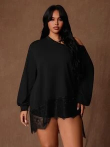 Rustia Plus Size Autumn/Winter Textured Knit Lace Trim Patchwork Asymmetric Shoulder Long Sleeve Loose T-Shirt Fall - Black - View 4