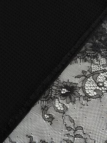 Rustia Plus Size Autumn/Winter Textured Knit Lace Trim Patchwork Asymmetric Shoulder Long Sleeve Loose T-Shirt Fall - Black - View 3