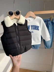 SHEIN 3件組男嬰秋冬黑色棉質加厚背心外套、白色運動衫、藍色牛仔長褲，嬰兒外套套裝，秋冬套裝 - 彩色 - 查看 8
