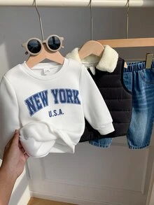 SHEIN 3件組男嬰秋冬黑色棉質加厚背心外套、白色運動衫、藍色牛仔長褲，嬰兒外套套裝，秋冬套裝 - 彩色 - 查看 5