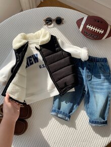SHEIN 3件組男嬰秋冬黑色棉質加厚背心外套、白色運動衫、藍色牛仔長褲，嬰兒外套套裝，秋冬套裝 - 彩色 - 查看 6