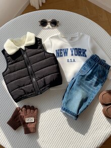 SHEIN 3件組男嬰秋冬黑色棉質加厚背心外套、白色運動衫、藍色牛仔長褲，嬰兒外套套裝，秋冬套裝 - 彩色 - 查看 2