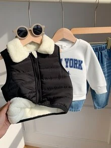 SHEIN 3件組男嬰秋冬黑色棉質加厚背心外套、白色運動衫、藍色牛仔長褲，嬰兒外套套裝，秋冬套裝 - 彩色 - 查看 7