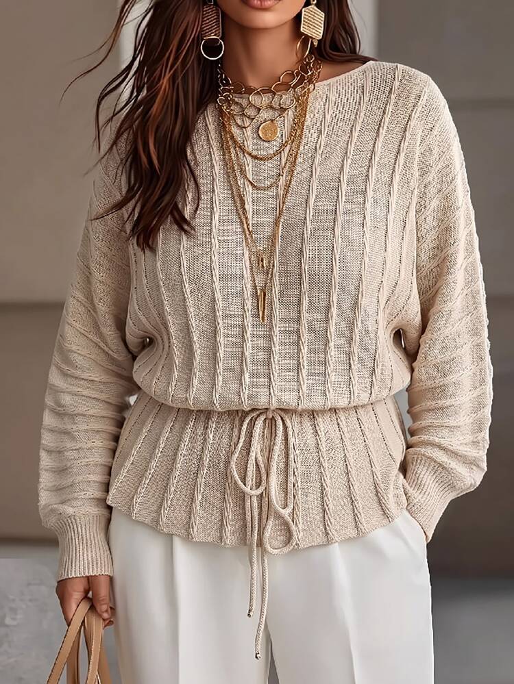 Juhart Oatmeal Color Square Neck Drawstring Knit Sweater . Vertical Striped Ribbed . Slightly Sheer Slouchy . Commute & Date Two-Way Wear Plus Size Pullover - Apricot - View 3