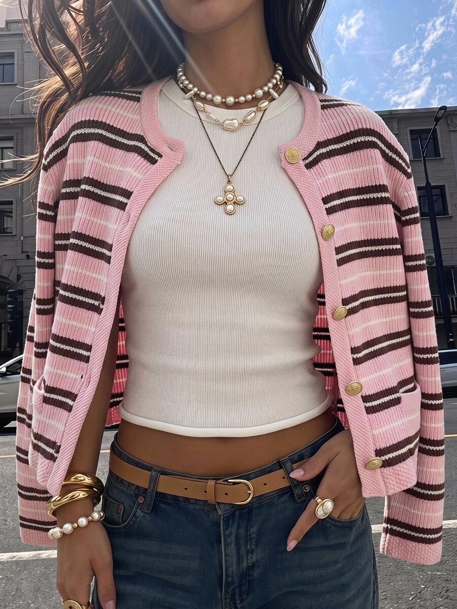 SHEIN EZwear 女款粉色與白色條紋拼接配色單排扣休閒法式優雅百搭日常外出早午餐開襟衫校園秋季