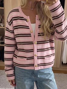 SHEIN EZwear 女款粉色與白色條紋拼接配色單排扣休閒法式優雅百搭日常外出早午餐開襟衫校園秋季 - 粉色 - 查看 12