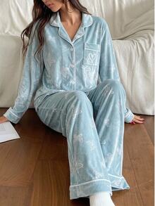 Teen Girls Fashion Cute Butterfly Print Embossed Comfortable Mink Fleece Long Sleeve Pants Loungewear Set - Green - View 3