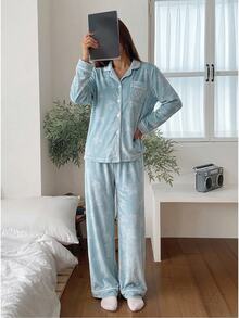 Teen Girls Fashion Cute Butterfly Print Embossed Comfortable Mink Fleece Long Sleeve Pants Loungewear Set - Green - View 2