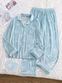Teen Girls Fashion Cute Butterfly Print Embossed Comfortable Mink Fleece Long Sleeve Pants Loungewear Set - Green - View 4