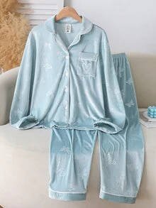 Teen Girls Fashion Cute Butterfly Print Embossed Comfortable Mink Fleece Long Sleeve Pants Loungewear Set - Green - View 6