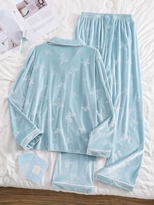 Teen Girls Fashion Cute Butterfly Print Embossed Comfortable Mink Fleece Long Sleeve Pants Loungewear Set - Green - View 5